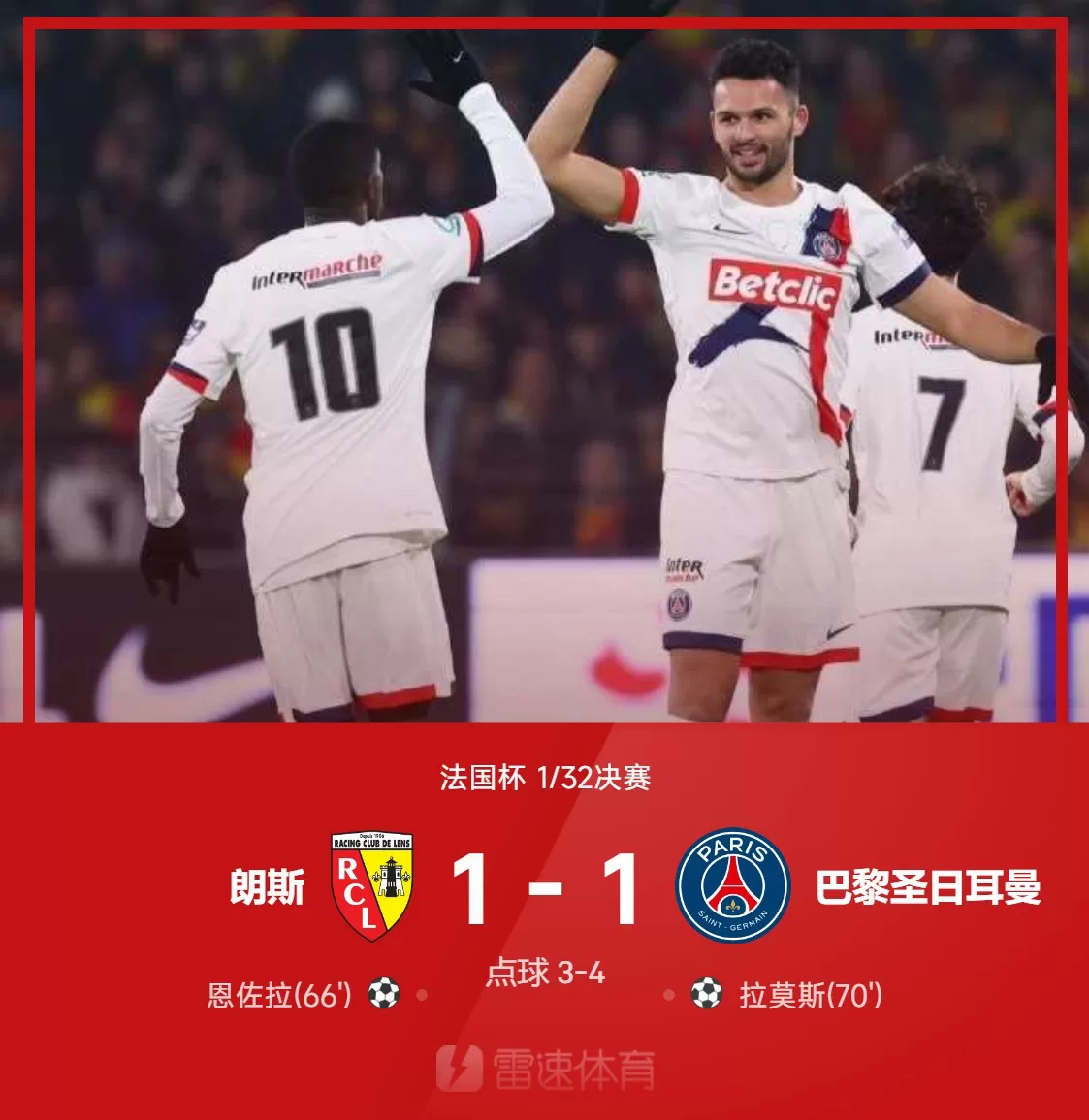 [⚽法国杯震撼战况：巴黎以4-3点球制胜，5-4总比分逆袭朗斯，成功杀入32强]